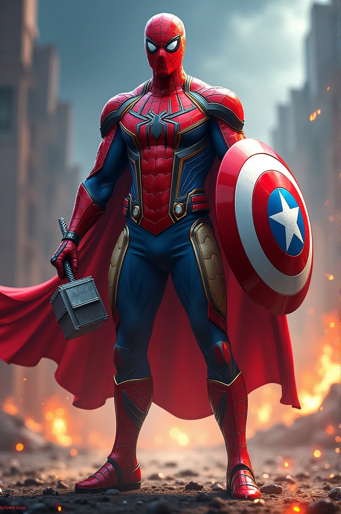 Spider man in ironman costume hold thor hammer and holding captain America shield