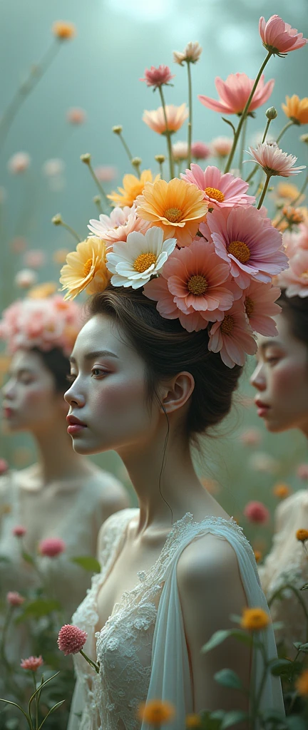 Surreal Scene art、Surreal figures、Hair is a flower、Beautiful woman、A different flower for each person、Flower of individuality、、Fantasy、Faint lighting