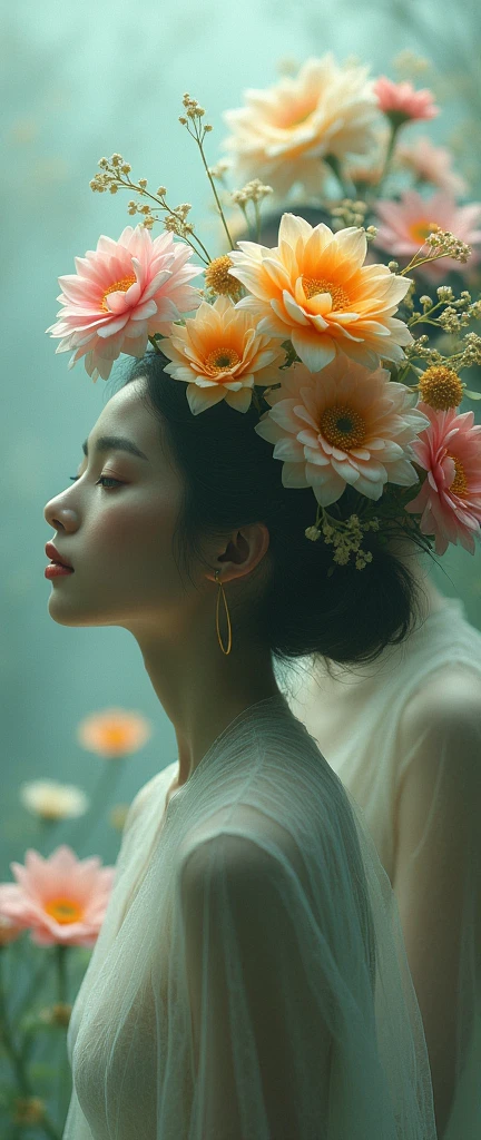 Surreal Scene art、Surreal figures、Hair is a flower、Beautiful woman、A different flower for each person、Flower of individuality、、Fantasy、Faint lighting