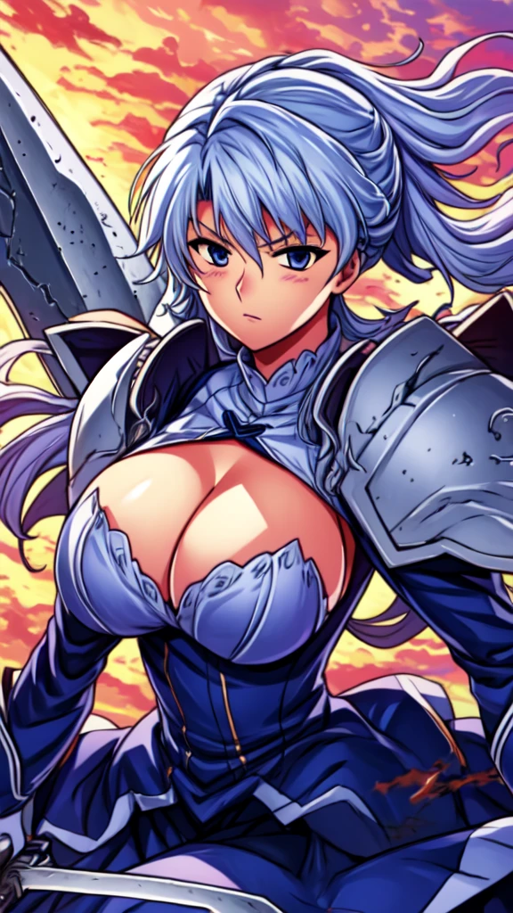 masterpiece,best quality,kim_kwang_hyun, 1girl, belfast, light-blue hair, solo, busty , huge breasts, looking at viewer, Ivory colored eyes, light-blue hair, multicolored bangs, large huge breasts, long sleeves, dress, cleavage, closed mouth, Long weapon((Double-sided sword)), puffy sleeves, arm up, clothing cutout, copyright name, blue dress, cleavage cutout, juliet sleeves , power armor, shoulder armor, light-blue hair, Serious, ivory colored eyes