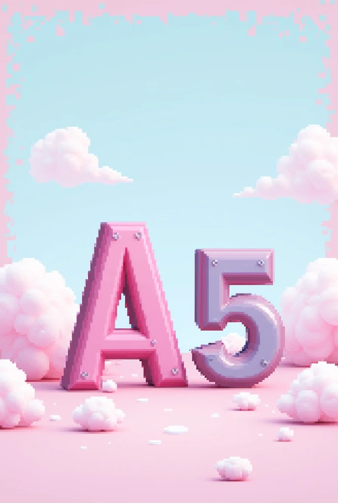 letter "a" stand next to the number "Five", Blue,light blue border , background màu hồng, clouded, game pixel 90s style