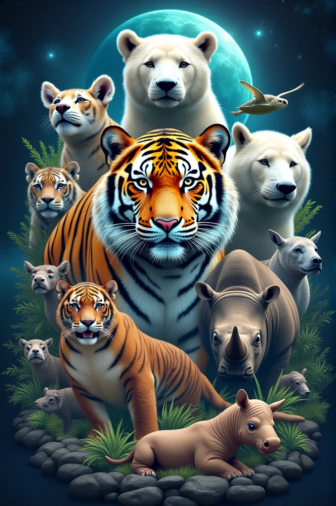 I need you to create a cover for a magazine that will illustrate animals in danger of extinction.. As a title I want it to say Eco-Cosma.
And at the bottom a small letter that says human welfare project