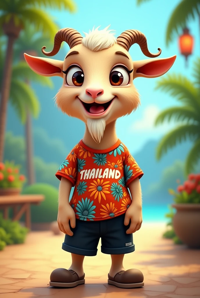 Create an image of a goat in black shorts and a Thailand shirt,do it in Cartoon style 