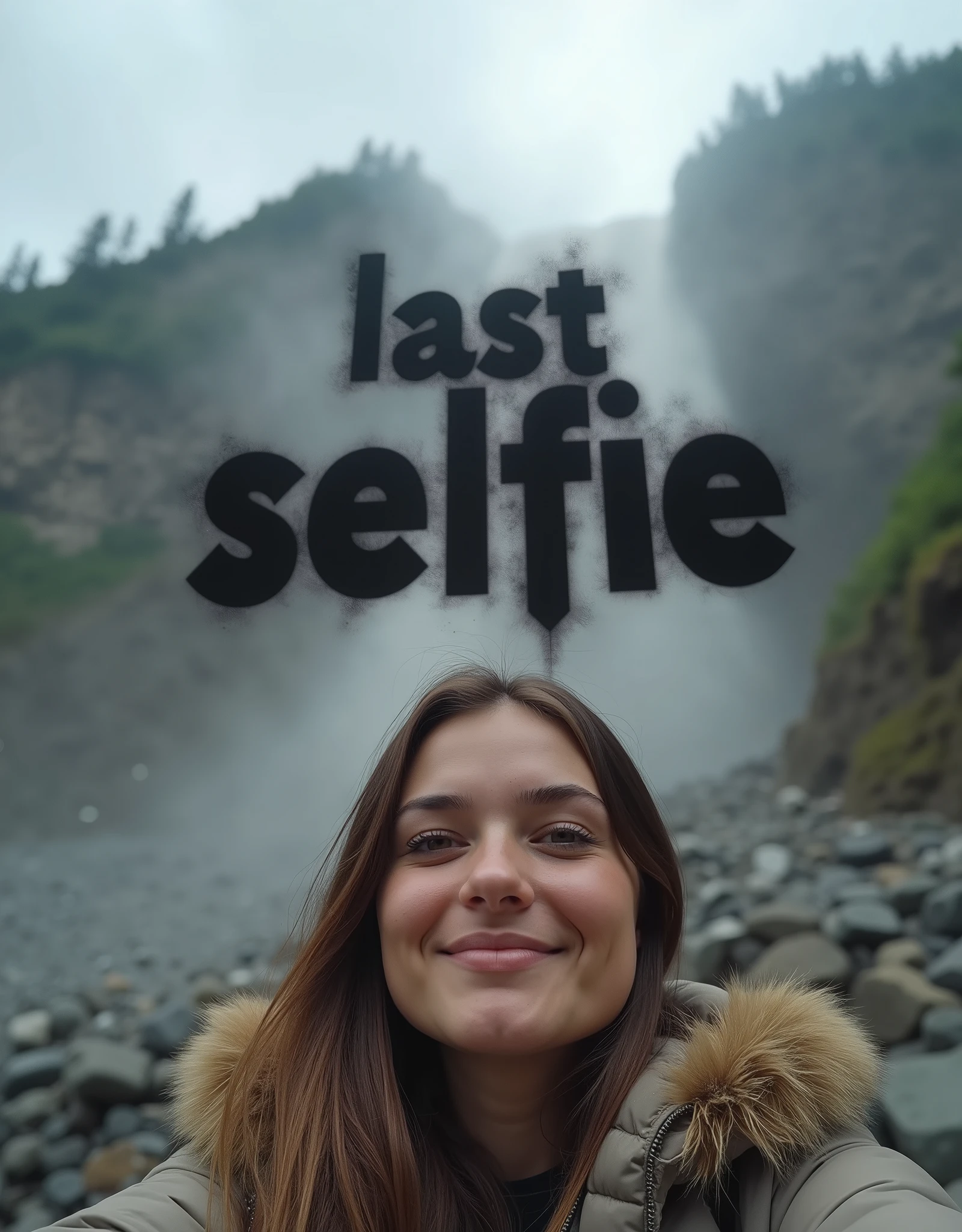 ((Last selfie. A young woman is taking a selfie at the base of a massive mountain, capturing the scene with a cheerful expression, completely unaware of the danger behind her. In the background, a powerful landslide is barreling down the very mountain she’s photographing. Huge boulders, earth, and debris crash down the slope, sending up clouds of dust as the avalanche gains speed. The contrast between her calm, smiling face in the foreground and the chaotic, destructive force just behind her creates a tense and dramatic moment, frozen in time just before the disaster reaches her. Oopps.)). (Suspended in the air between scene and the viewer, a translucent, almost ghostly black message reads exactly: "Last selfie!". The text appears as if it's floating, blurred at the edges, with the letters formed from a faint mist or dark black smoke that lingers in the space. The smoky words are readable, though not overly bright, hovering just in front of his gaze, creating a surreal yet powerful effect. Text exactly says: "Last selfie!". Text says: "Last selfie!". semi-transparent text that reads 'Last selfie!' in a dramatic, bold font. The text almost acts as a title, floating in the air, partially obscuring the scene but enhancing the overall tension and urgency of the moment.)
