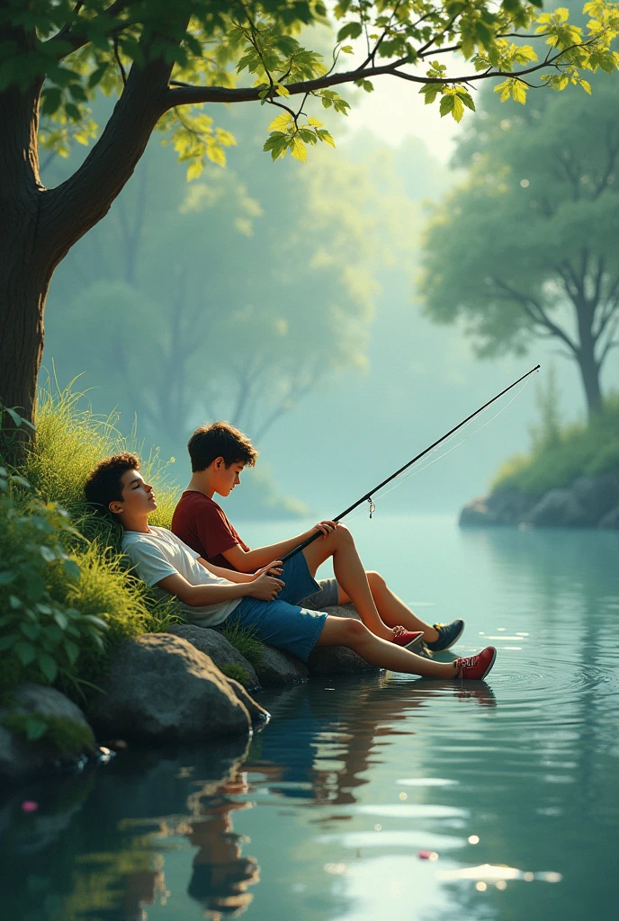 Two teenagers lying sleepy fishing, each one has a fishing rod, they are on the edge of a stream and are lying down. They are two boys about .
