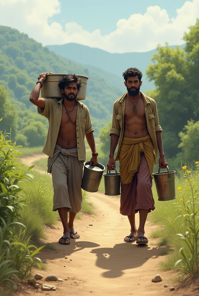 Raju and Kishan each carrying two buckets of water, walking along the dirt path with determination.