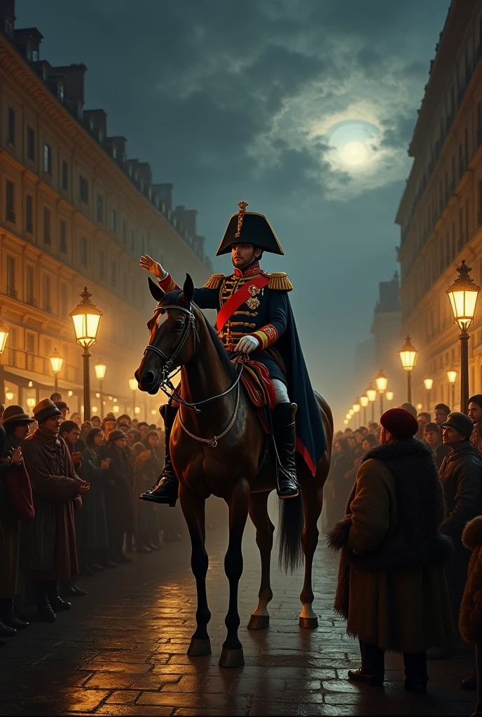 empereur napoleon sur son cheval saluant le peuple francais la nuit