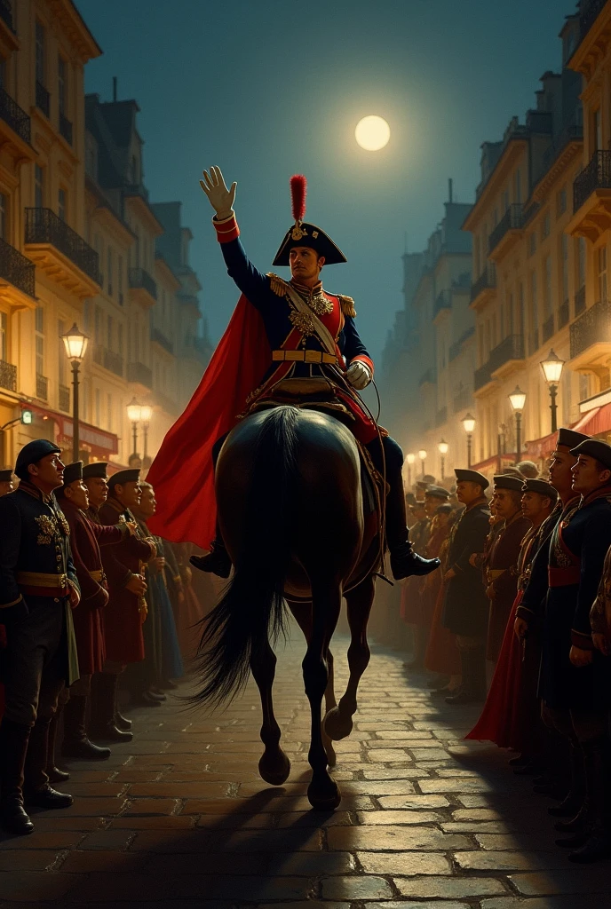 empereur napoleon sur son cheval saluant le peuple francais la nuit
