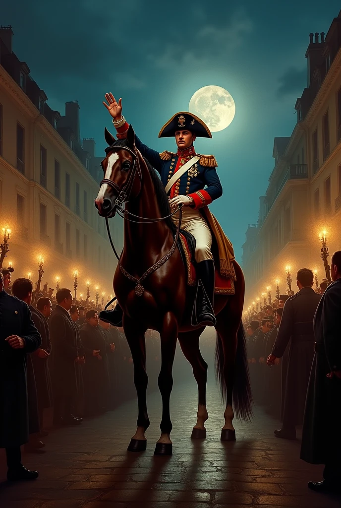 empereur napoleon sur son cheval saluant le peuple francais la nuit