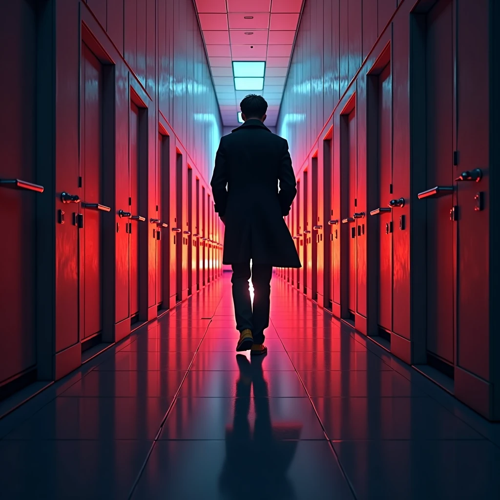 High-definition, vividly colored image of an endless hallway with closed doors, symbolizing the unreachable secrets the detective is trying to uncover