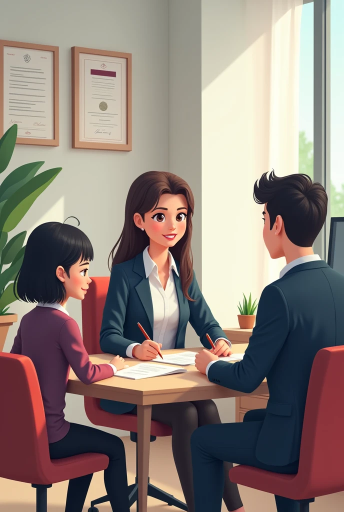 A woman interviewing 2 candidate; a men and a girl (Cartoon black hair)