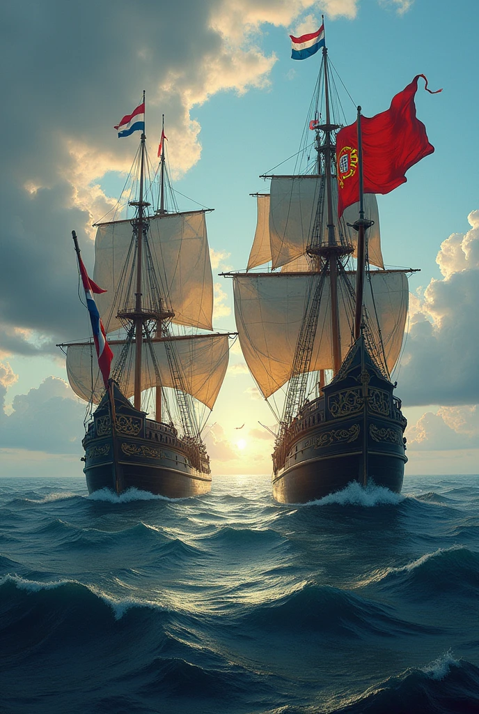 Make a more dramatic poster of the arrival of Dutch and Portuguese ships when entering Indonesian waters with Dutch and Portuguese flags.. The background is a map of Indonesia . One ship had a Dutch flag and the other ship had a Portuguese flag on board.