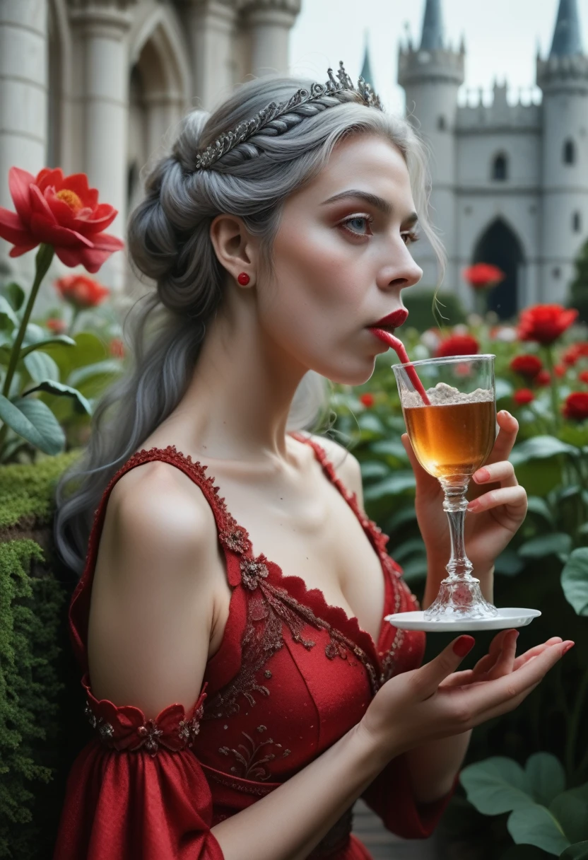 Gray Hair Woman, Gray Eyes, Royalty, Red Dress, Red Jewelry, Red Earrings, Lunar, Nobility, Noblewoman, High Quality, Highly Detailed, Detailed Face, Masterpiece, Castle, Drinking Tea, Garden, Flowers, Lights