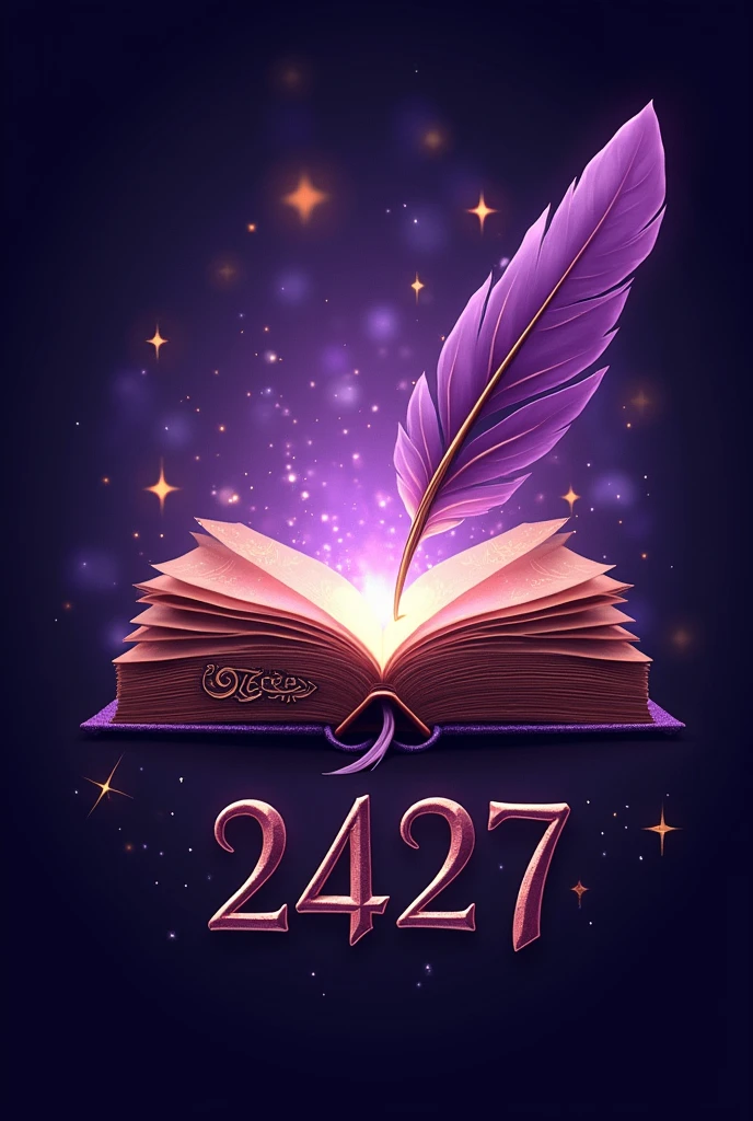 A class logo named “En(g)chanted (2427’s version)”: has an enchanted theme in purple, a book with glowing pages and a quill writing out the name, magical fairy lights and stars, with Taylor Swift’s signature font, don’t forget to incorporate a symbol or number that signifies “2427” in a creative way, like hidden with The design or as part of a crest for shield.