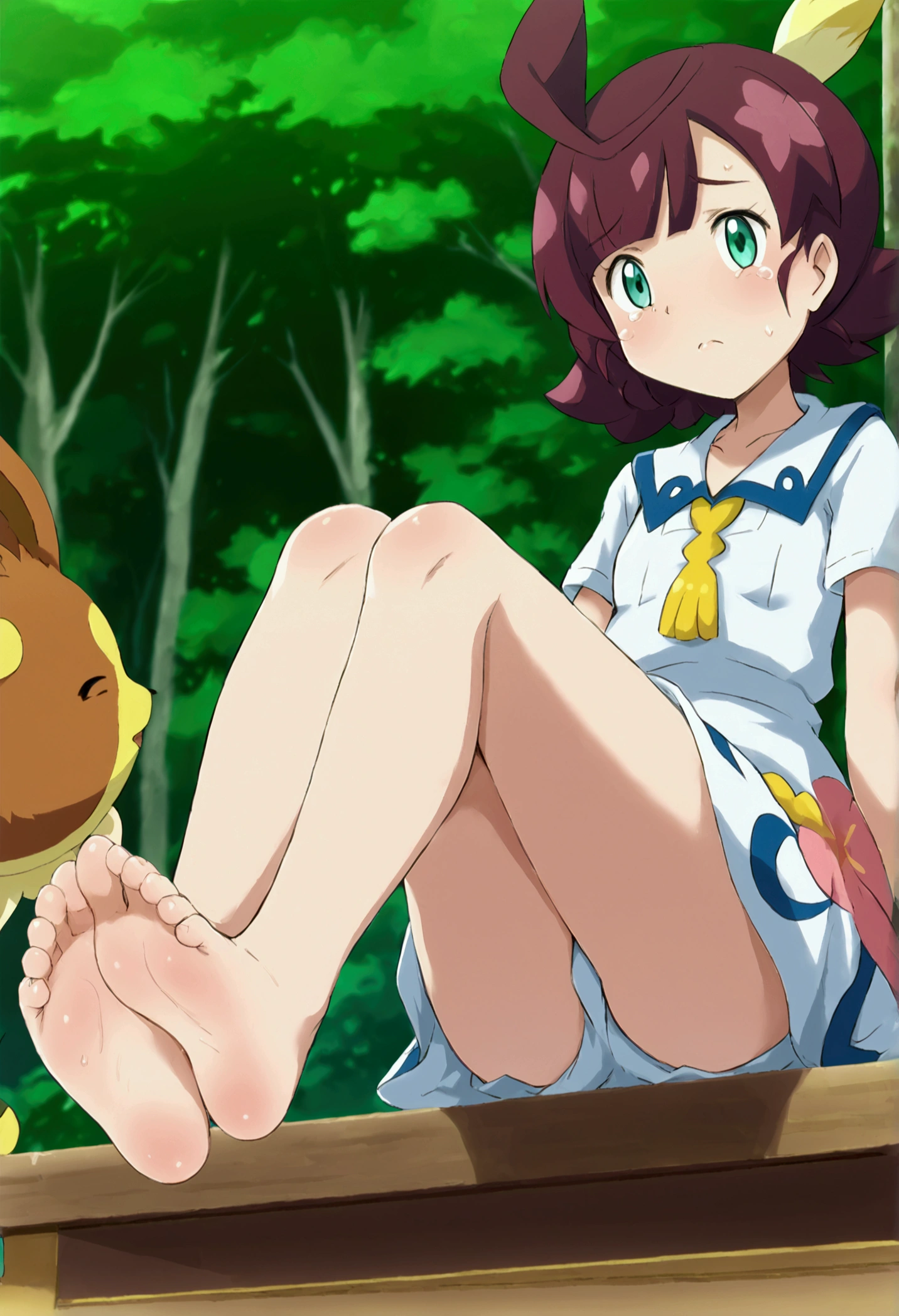 A girl with hair sitting on a wooden bench on a beach and a boy crying from the ground on the other side..A photo with the name HIRU on the girl's dress and ADHI on the boy's armband.barefoot,foot focus