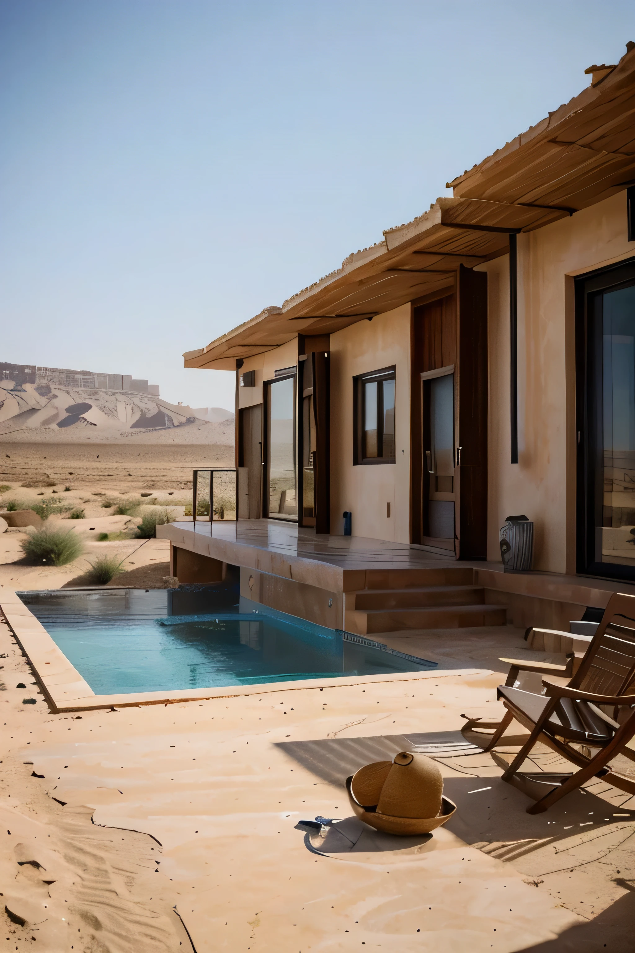 The design of ecotourism accommodation with modernized Iranian architectural style in a cold and dry climate on the topography along with the landscape with Ajr and Muqrans materials. Give me 3 picture of 3 side of project