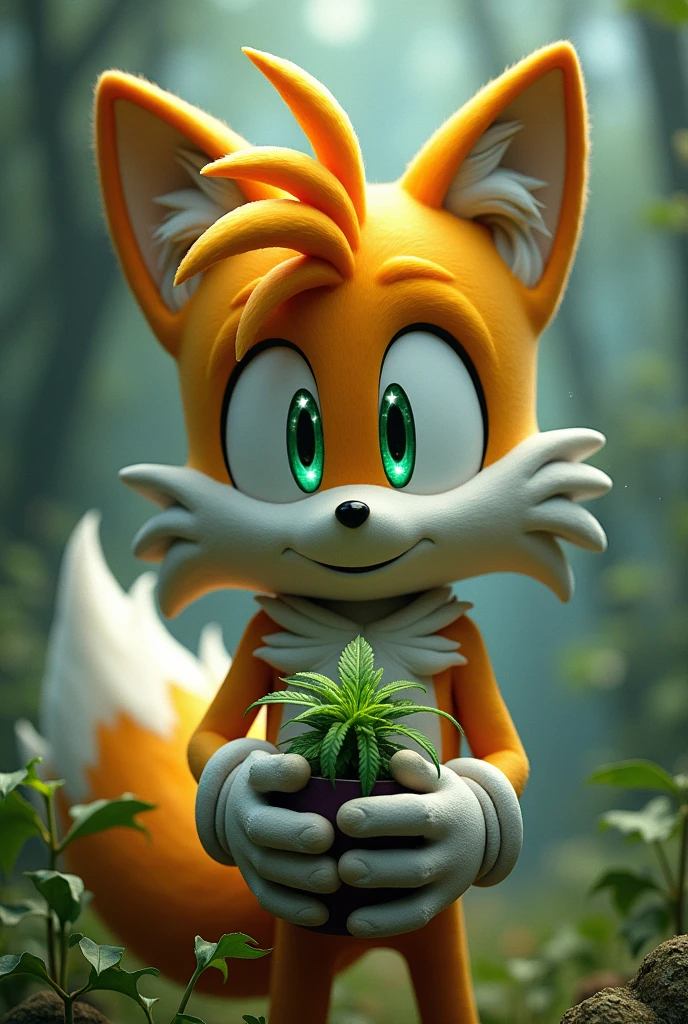 Miles tails with his eyes being replaced with stars , holding weed plant