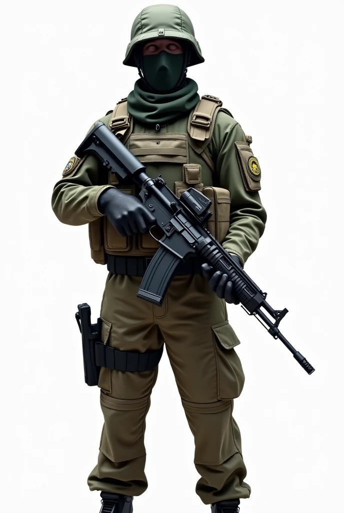 generate an image of an armed soldier with white background. His face must totally be hidden. He must stand straight holding Assault rifle watering uniform of Pakistan army.