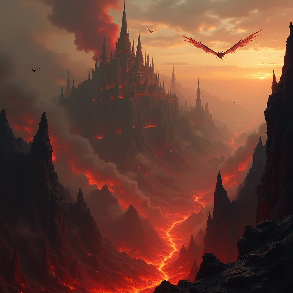 ((best quality)), ((masterpiece)), dnd, dungeons and dragons, scene, landscape, hellscape, aerial view, hell, avernus, demon city, city in hell, distant small demons, multiple creatures, scary, small flying demons in the distance, lava, fire, trending artwork, masterpiece