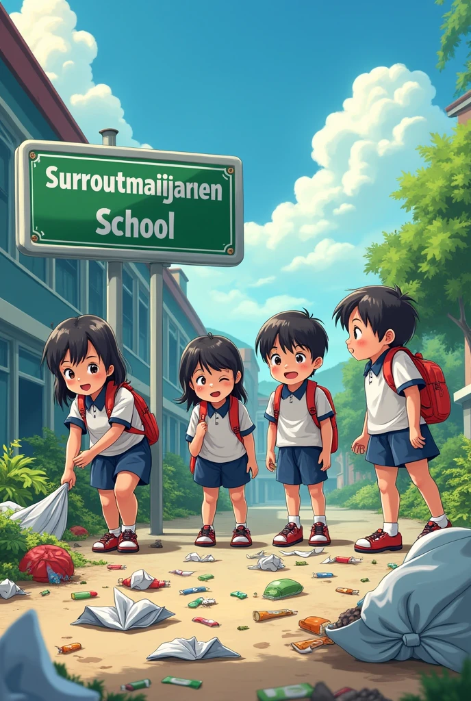 Coloring picture about throwing garbage in school Some children were abandoned Some people collect trash. There is a sign with the name of Suroutmaijaroen School.