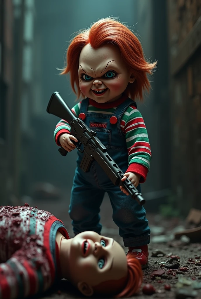 Create a character from the Chucky movie by stomping on a corpse's head with a machine gun in his hand