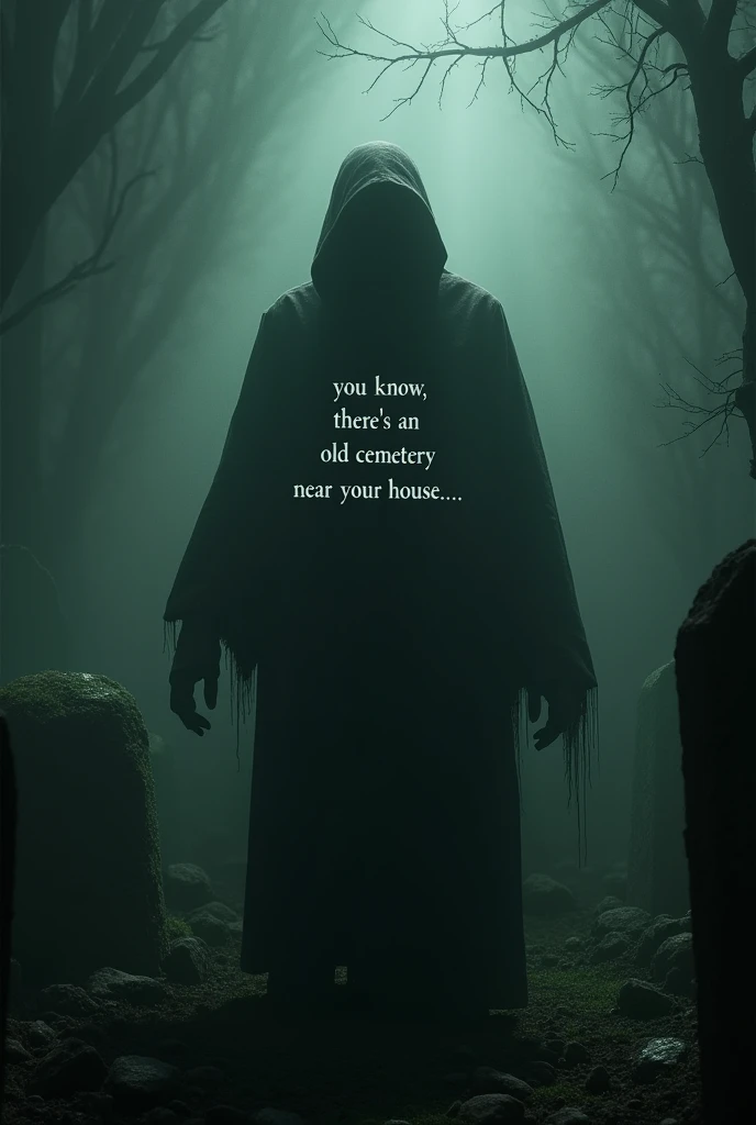 A dark, ominous figure speaking into the phone, with the words "You know, there’s an old cemetery near your house…" appearing as a text overlay. The setting should feel unsettling and foreboding.