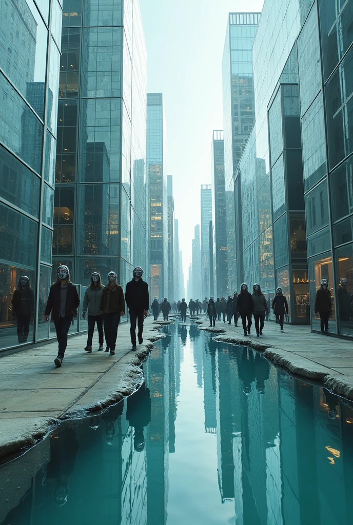 A cityscape where the buildings are made entirely of mirrors, reflecting a distorted, fragmented version of reality. The streets are rivers of liquid glass, and people walking by have mirrored faces, reflecting each other's emotions.