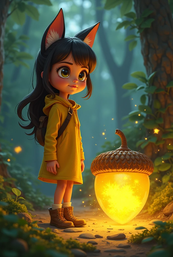 Gathering her courage, Margo decided to protect the golden acorn and uncover the mystery it held.

Illustrate Margo standing confidently next to the glowing acorn, her ears perked up and determination in her expression, ready to protect the magical treasure.