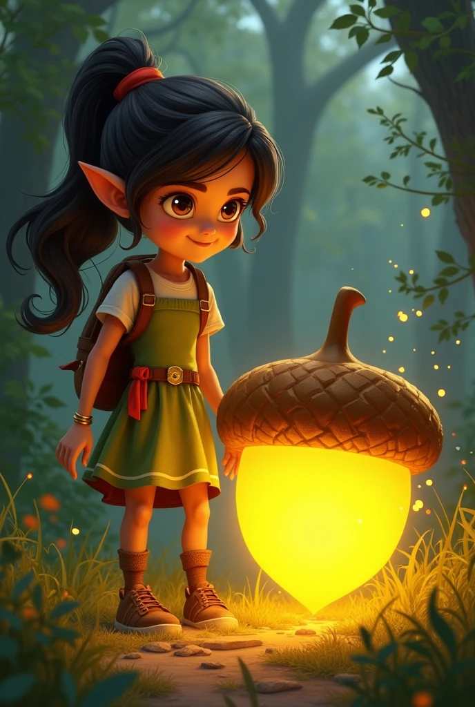 Gathering her courage, Margo decided to protect the golden acorn and uncover the mystery it held.
Illustrate Margo standing confidently next to the glowing acorn, her ears perked up and determination in her expression, ready to protect the magical treasure.