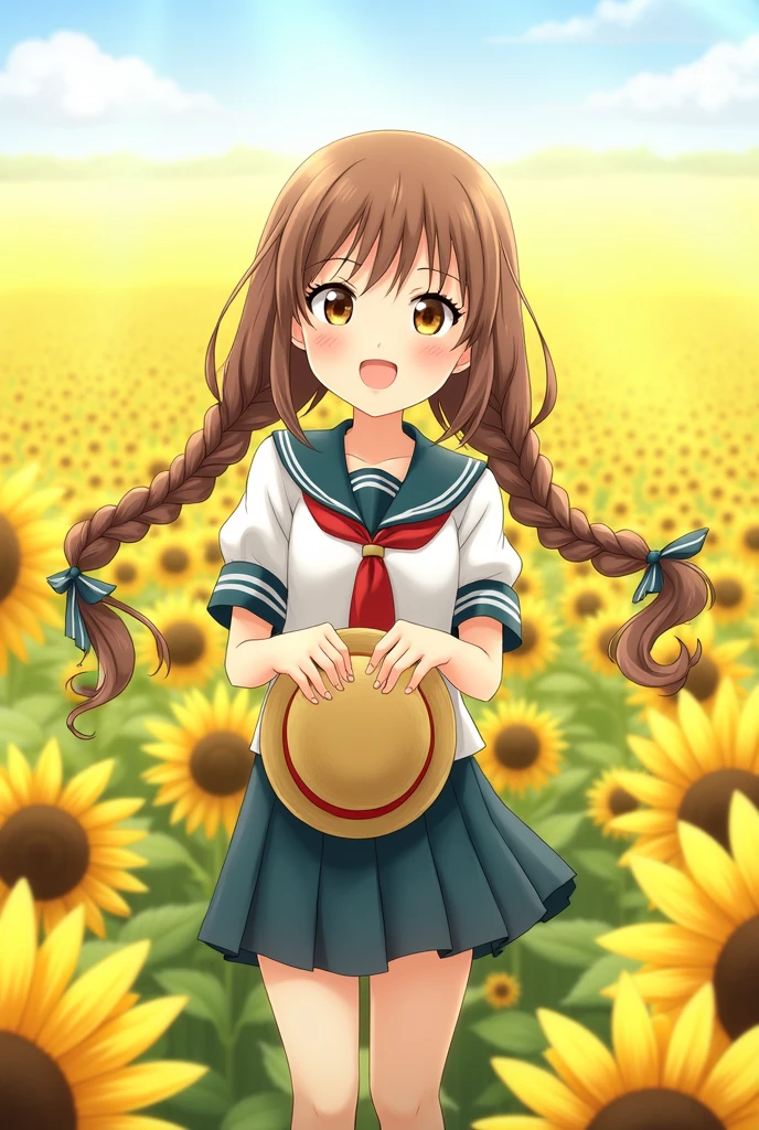 1girl, flower, hat, sunflower, solo, outdoors, field, school uniform, braid, holding clothes, twin braids, flower field, straw hat, skirt, serafuku, realistic, sailor collar, day, brown hair, smile, short sleeves, white shirt, shirt, brown eyes, long hair, black hair, twintails, looking at viewer, pleated skirt, neckerchief, standing, yellow flower
INFO