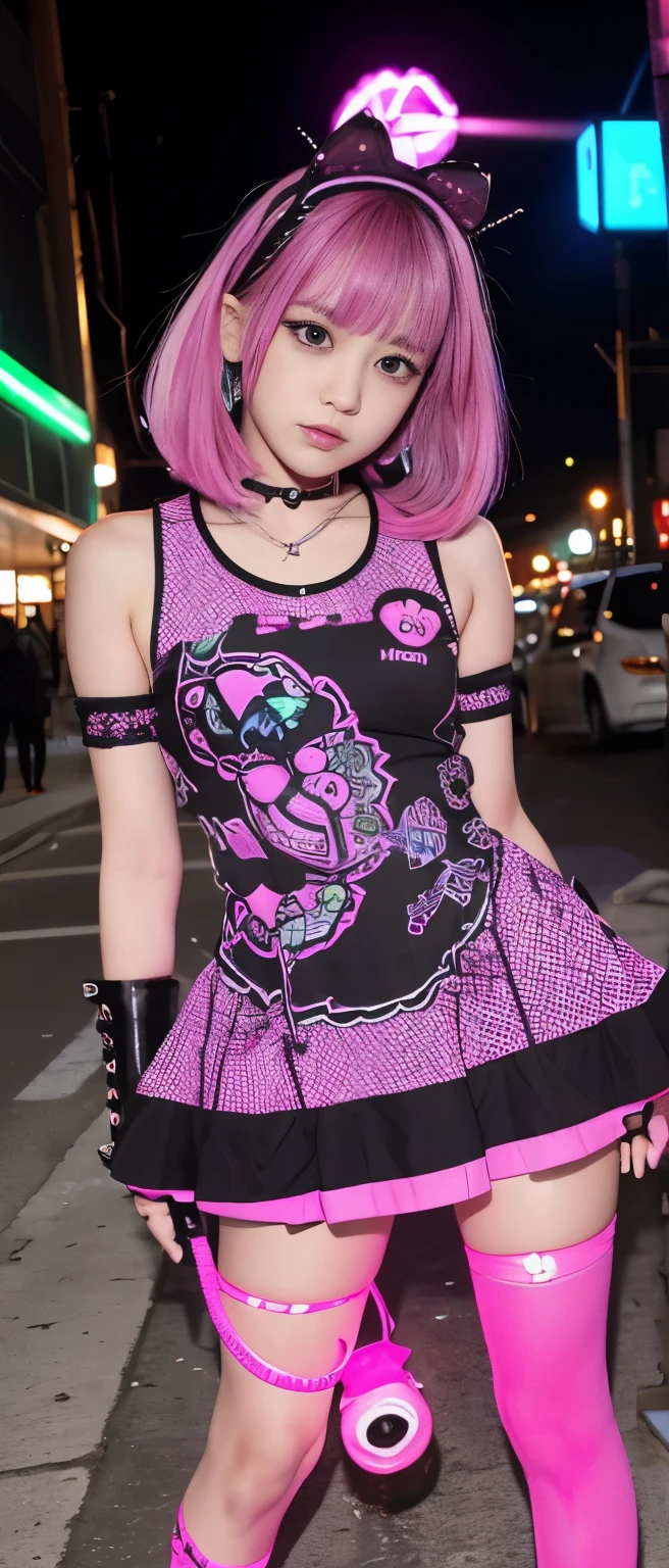 Cool punk idol girl、whole body、Good style、、、、、、、、、、Thick legs、、、Fluorescent pink and purple nightmare dress(Punk Shirt)、Cool girl face、、、、Glowing Cable Tentacle、Garbage dump