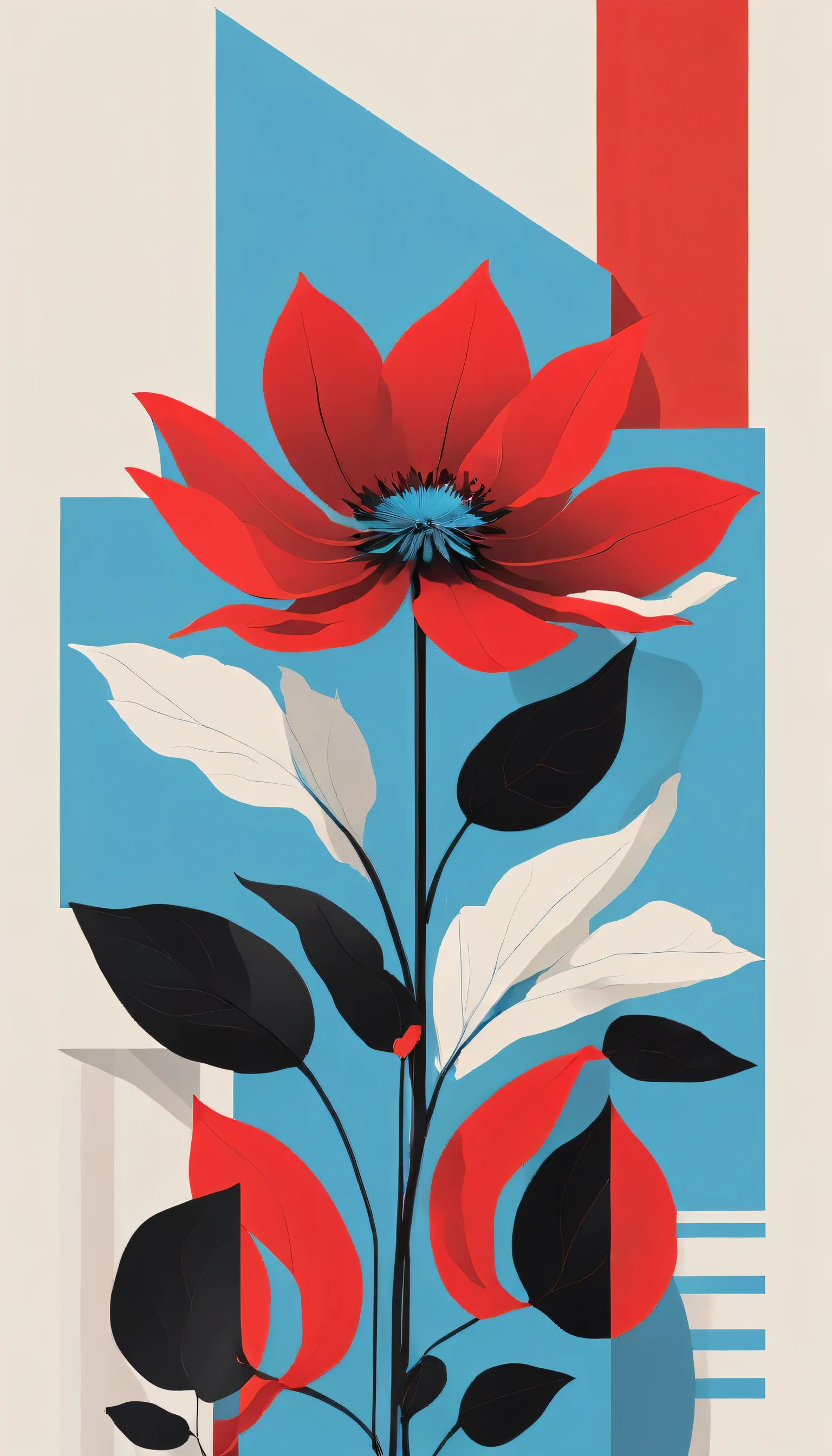 Flower in the style of sky-blue and red, hip hop aesthetics, bold, graphic shapes, sun-soaked colours, neo-geo, light black and red