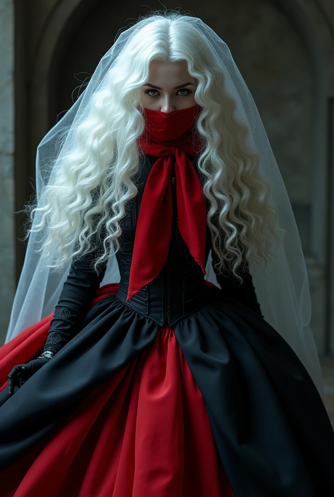 a vampire with a puffy black and red skirt.her hair is long,white,Let it be curly and fluffy. Let her hide her face with a translucent veil. Let her hide her face with a translucent veil. HIDE your face with a red scarf