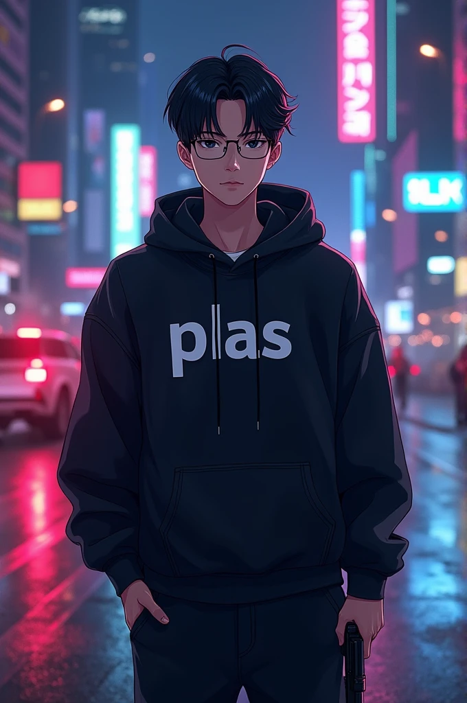 Create a character anime, {{background: large text “GLBK”, night city}},
realistic, HDR, use glasses, handsome, korean style, full body, use pistol, age 20, hoodie HD text: “PRAS”