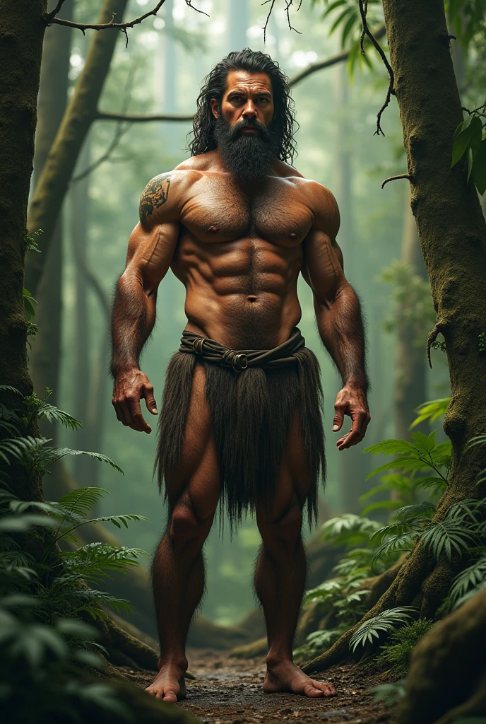 Completely nude man in a forest with hairy pubic hair and hairy armpits