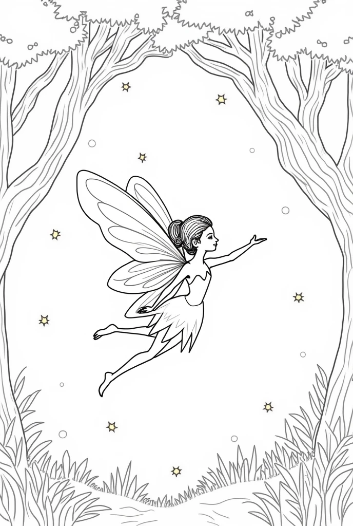 A fairy flying through a canopy of ancient trees, surrounded by glowing fireflies, for coloring pages, full white,clean line art, ren's style, magic forest background, full body, Sketch style, playful style, childcoloring page, clean line art, white background, colouring page, clean outline