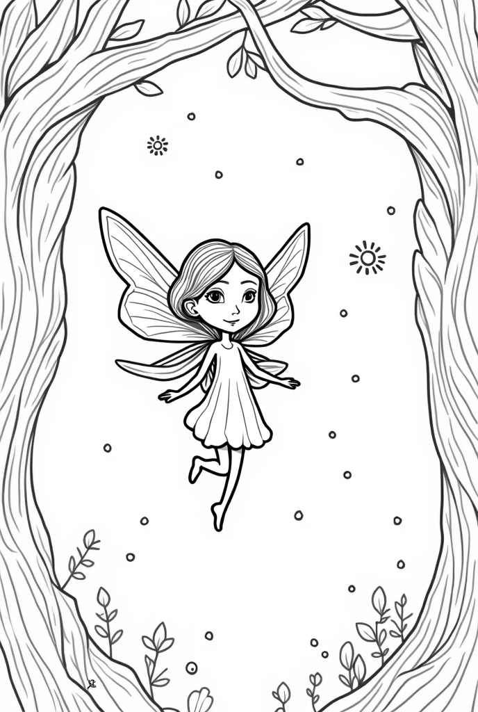 A fairy flying through a canopy of ancient trees, surrounded by glowing fireflies, for coloring pages, full white,clean line art, children's style, magic forest background, full body, Sketch style, playful style, childrens,coloring page, clean line art, white background, colouring page, clean outline
