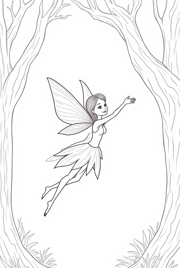 A fairy flying through a canopy of ancient trees, surrounded by glowing fireflies, for coloring pages, full white,clean line art, children's style, magic forest background, full body, Sketch style, playful style, childrens,coloring page, clean line art, white background, colouring page, clean outline