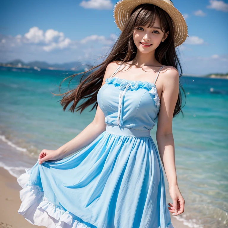 laughing out loud,(knee shot), 1 girl, light brown hair, blunt bangs, hair behind ears, Hair over the shoulders, long hair, Slender body type, Super thin face, face slimming, delicate lips, beautiful eyes, Thin blush, Eyes are light brown,Check it out here, (realistic:1.3), 8k, , Super detailed, high quality, best quality, High resolution, (Full breasts), 3, , (Gauze skirt), (tutu), wearing a light blue flower dress, Cute and elegant pose, (((Gauze puffy dress))), Gauze skirt, five layer Gauze skirt, There is petticoat inside the skirt,The dress is made of chiffon,Soft and fluffy dress, elegant, (Stand on the beach), wearing a straw hat, light blue flower dress,long skirt. hand on hat, Chiffon dress, Flowers all over the dress