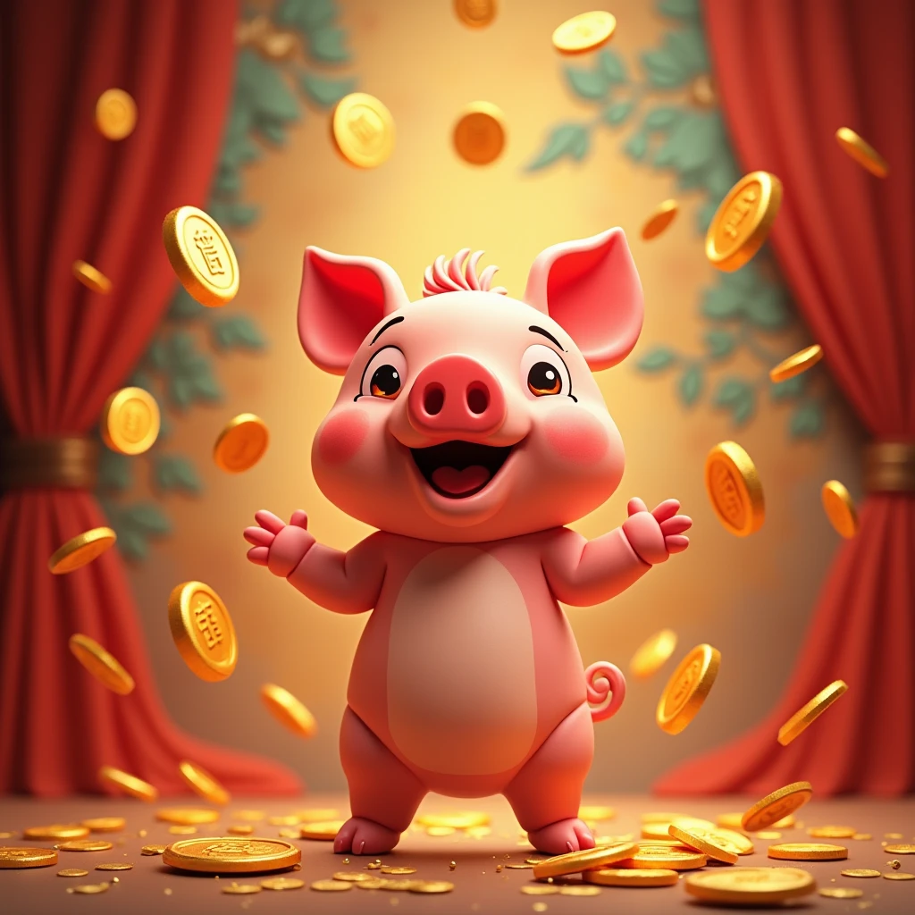 Hand-painted cartoon 3D zodiac pig,New Year background with flying gold coins