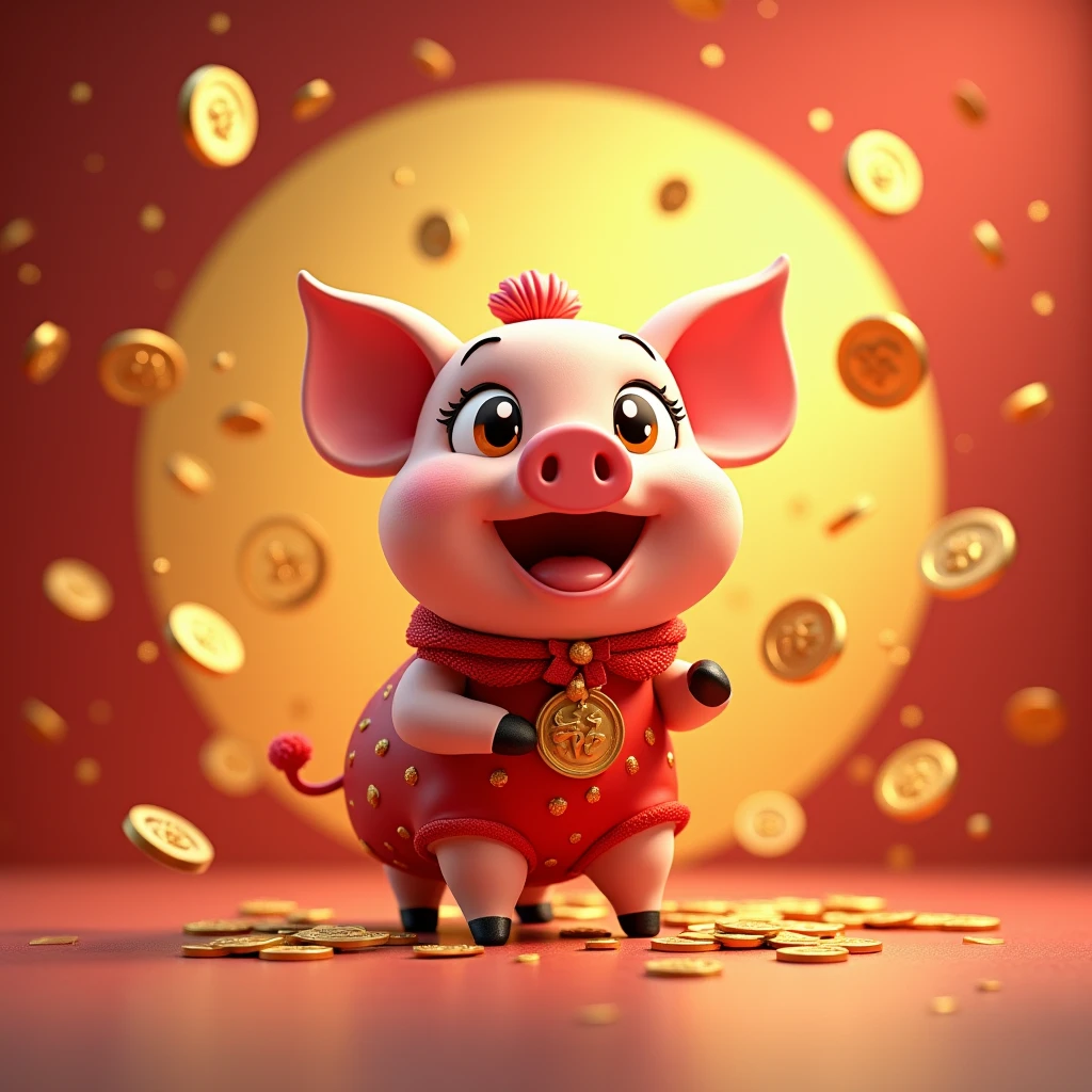 Hand-painted cartoon 3D zodiac pig，New Year background with flying gold coins