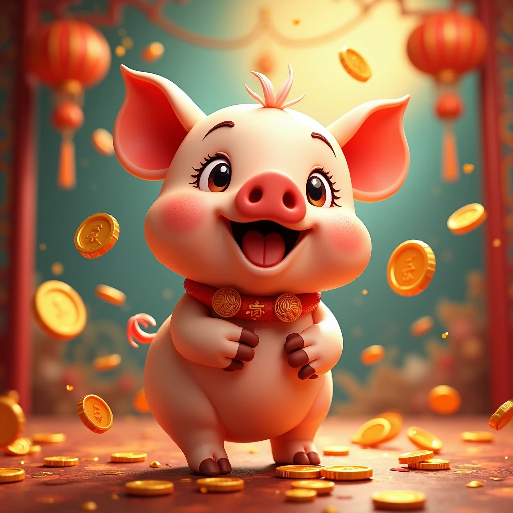 Hand-painted cartoon 3D zodiac pig，New Year background with flying gold coins