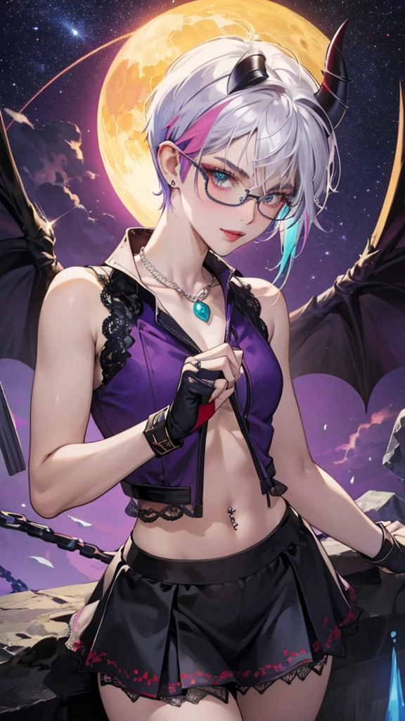 8k, masterpiece, best quality, highly detailed, 1 girl, tiefling, warlock, pixie cut, multicolored hair, very short straight hair red highlight hair on white hair, strippled hair, wearing glasses, round glasses, earrings, navel piercing, red eyeshadow, long eyelashes, blushed cheek, red lips, pearl necklace, rings, collarbone, mole on face, glamorous, teal and purple clothes, sleeveless, miniskirt, smirk, close up view, rings, looking at viewer, demon horns, solo, starry sky, pale blue moon, standing, boxing stance, demonic arms, chains on the background, black lace gloves.