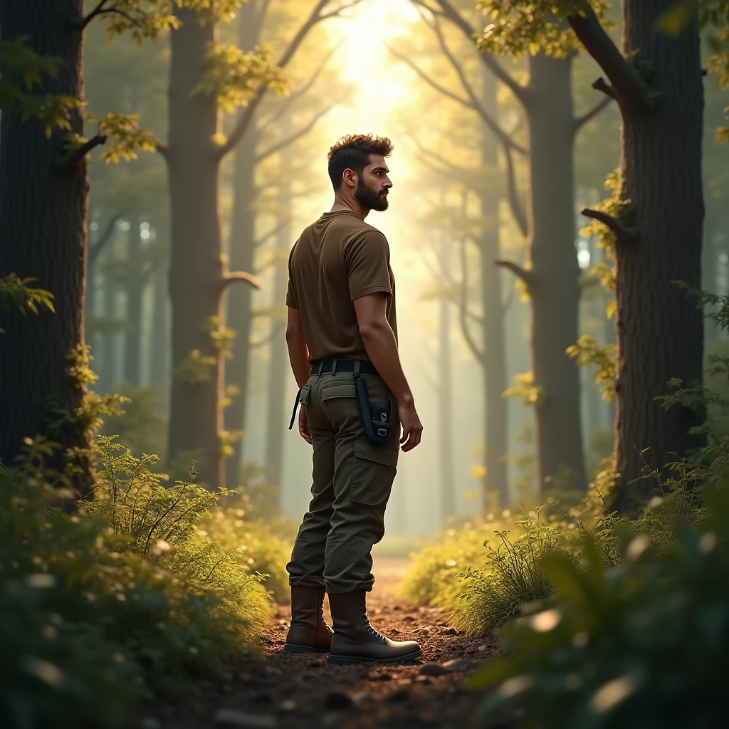 a full body, Portrait of an american looking ma with short hair wearing boots, he is 170 cm tall and weigth 70 kg. he is wearing a brown t shirt and standing in a forest he is hunter. the background has day light creating a magical forset scene. the man is walking in the center of forest and lon trees,he is professional hunter, his face is looking at the forest and the portrait is taken from the back side. the image should be realistic
