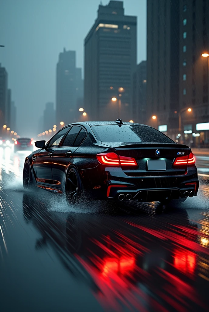 A BMW m5 car running at night raining and written Osaid Goraya on back mirror and in background there are buldings
