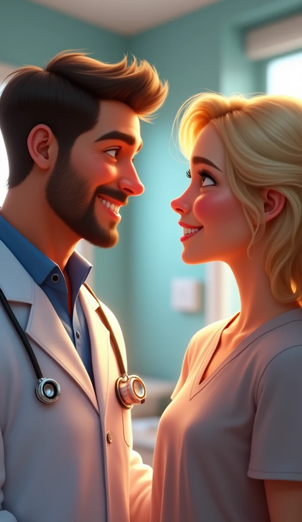 A happy blonde young woman talking to a handsome doctor, pixar style, cinematic, masterpiece, high-aesthetic, portrait