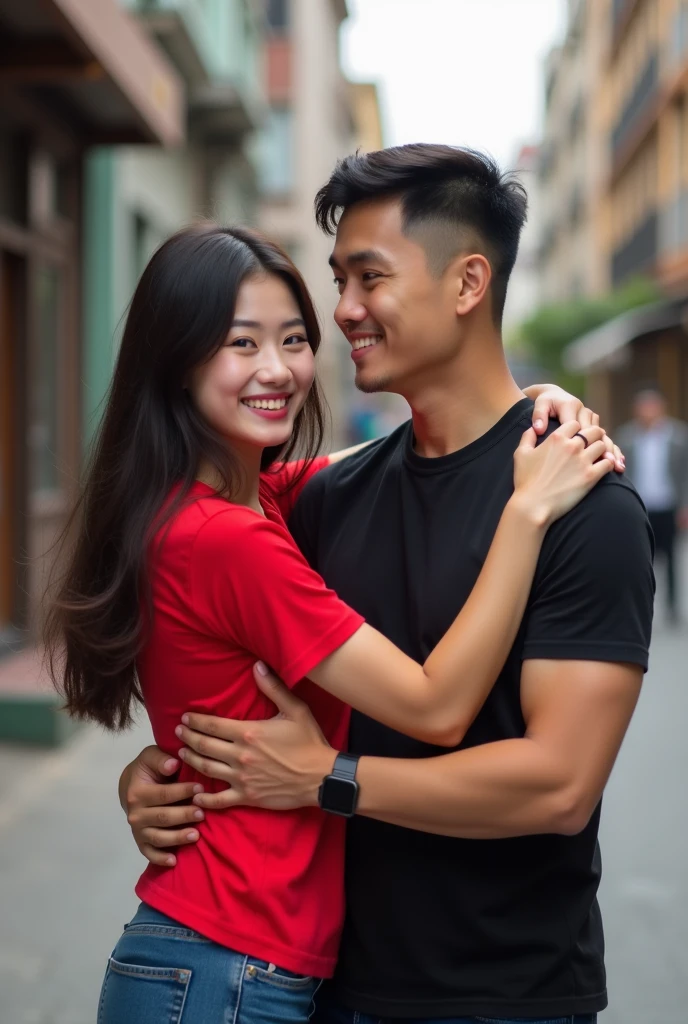 Chinese beautiful girl 23 years-old couple with an Indonesian man 40 years-old, 23 years-old girl as wife, 40 years-old man as her husband, the girl hug the man, the girl wearing red T-shirt, the girl red lips, the man wearing black T-shirt, the girl with the man stands in street city building, curvy body, thick body