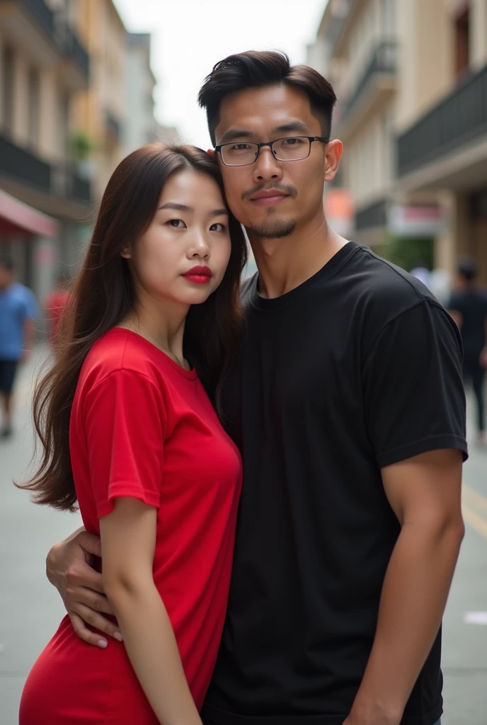 Chinese beautiful girl 23 years-old couple with an Indonesian man 40 years-old, 23 years-old girl as wife, 40 years-old man as her husband, the girl hug the man, the girl wearing red T-shirt, the girl red lips, the man wearing black T-shirt, the girl with the man stands in street city building, curvy body, thick body