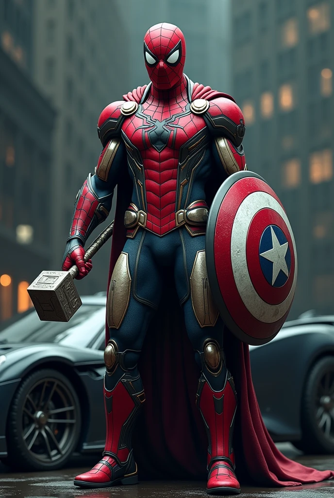 Spider man in ironman costume hold thor hammer and holding captain America shield and batman car