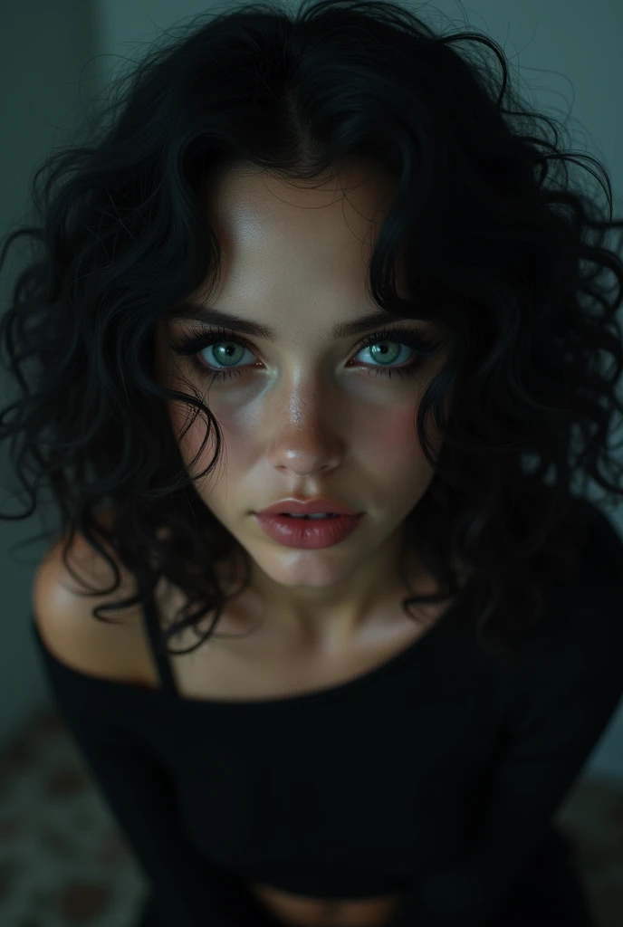 An Award Winning, high-quality,16k, high res,masterpiece:1.2),ultra-detailed,(realistic, photorealistic,photo-realistic:1.37), 1 girl, beautiful detailed eyes, beautifully detailed lips, extremely detailed eyes, and face, long eyelashes, black curly hair, demon gaze, dark fantasy, dramatic lighting, cinematography composition, moody atmosphere, dark colors, chiaroscuro, dramatic shadows, and motion